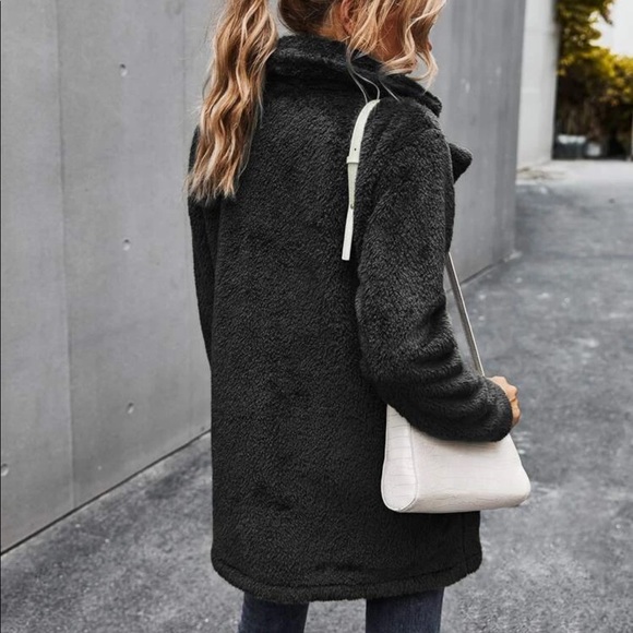 Black teddy peacoat jacket button up pockets - Picture 2 of 2